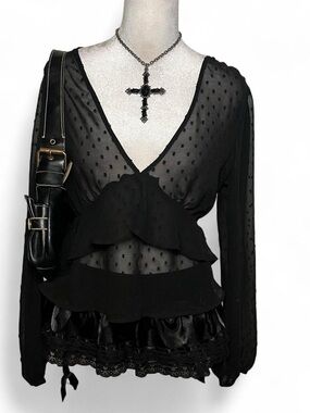 Black sheer polkadot ruffle bershka top